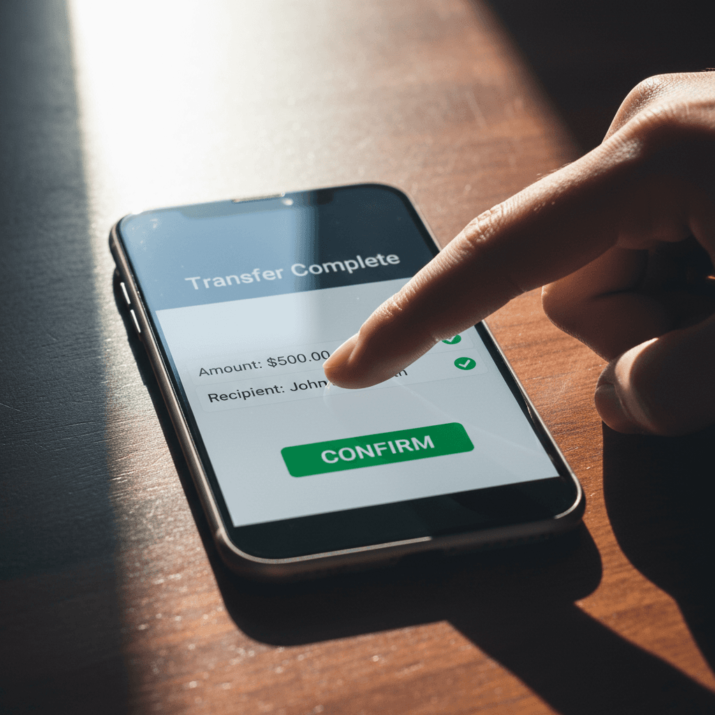Smartphone che mostra un bonifico istantaneo completato su un tavolo di legno