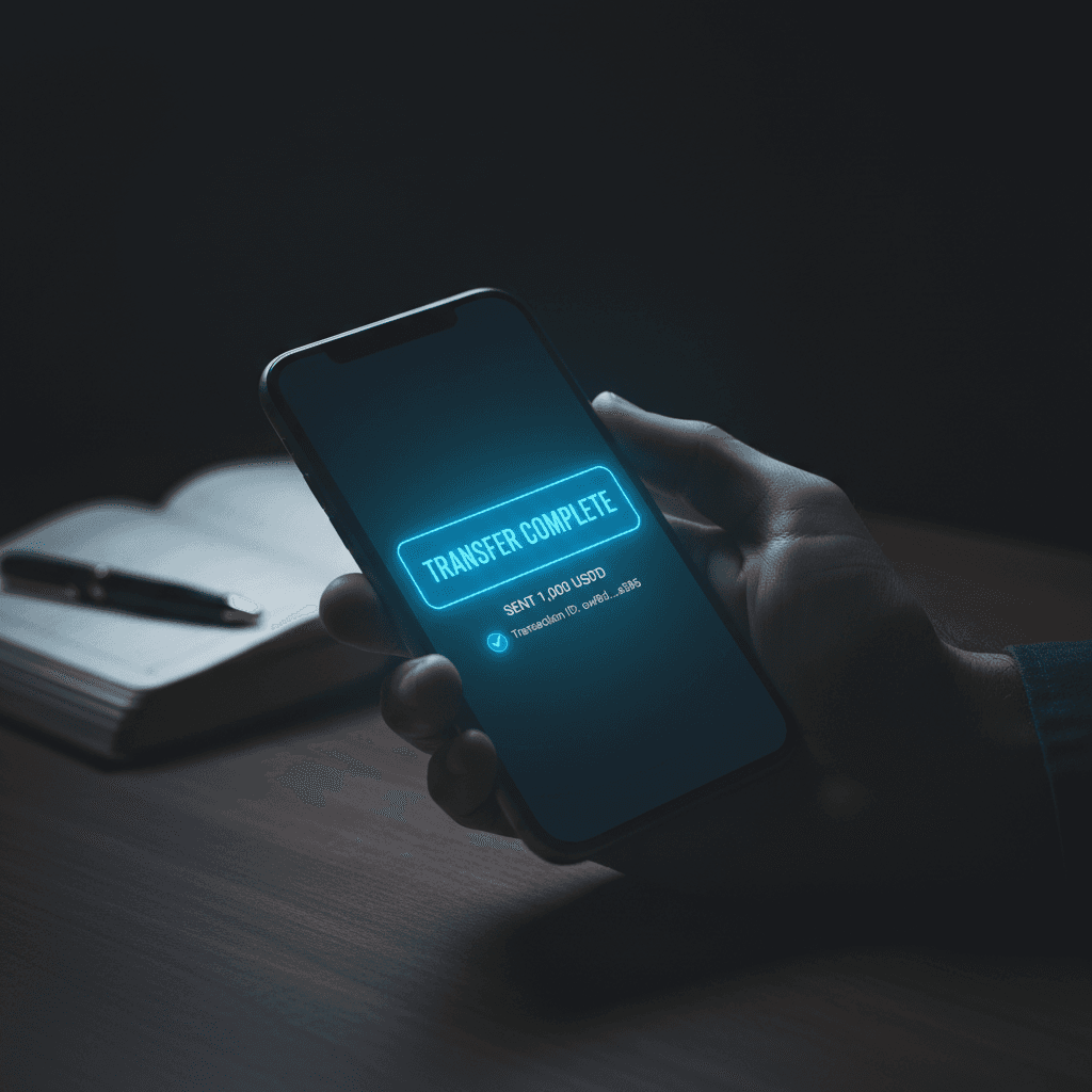 Telefono con app wallet crypto che mostra un trasferimento USDT completato