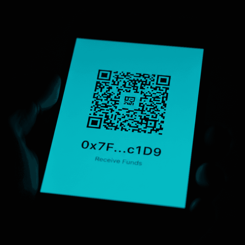 Smartphone screen showing a crypto wallet with a QR code and wallet address