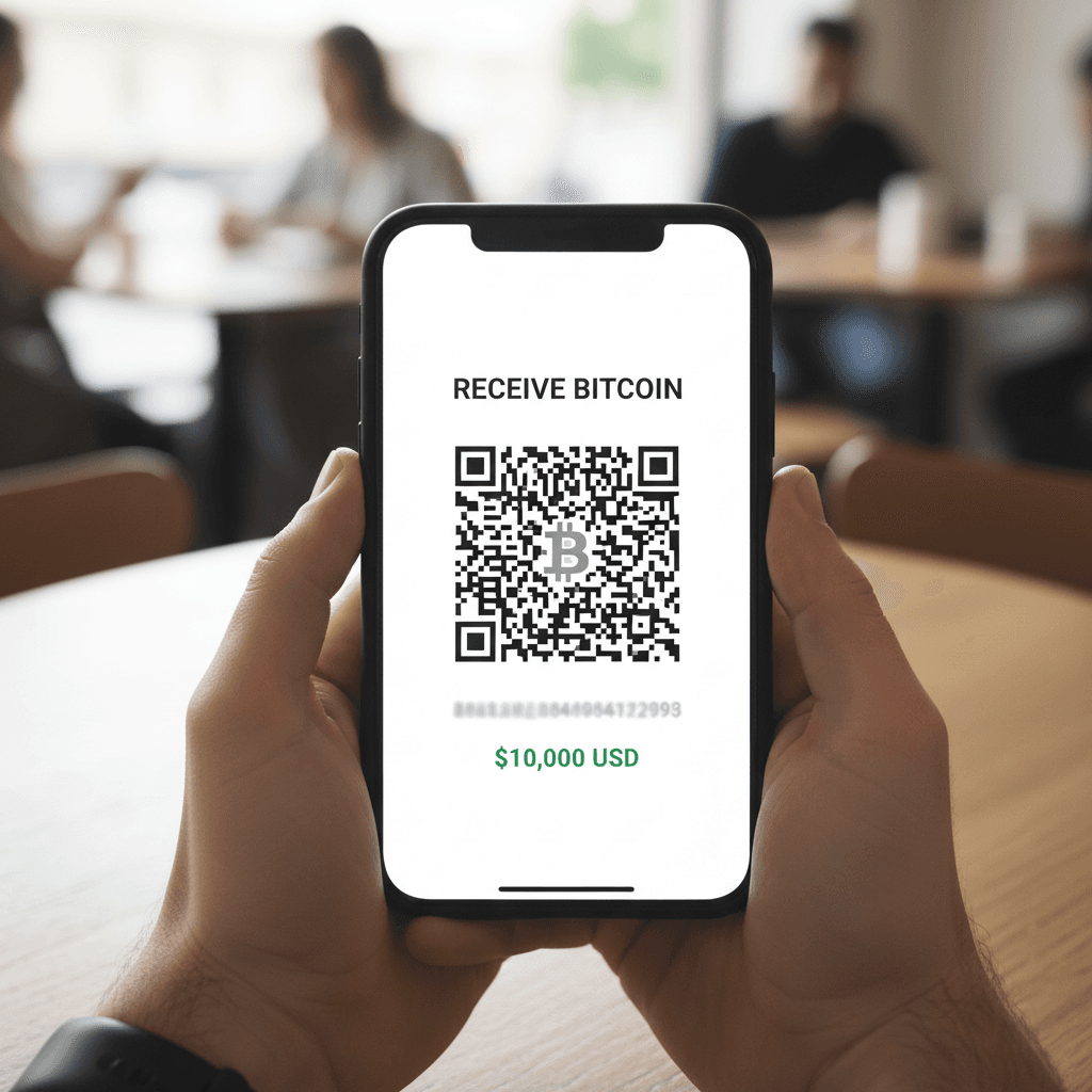 Persona che tiene uno smartphone con un wallet crypto e un codice QR sullo schermo