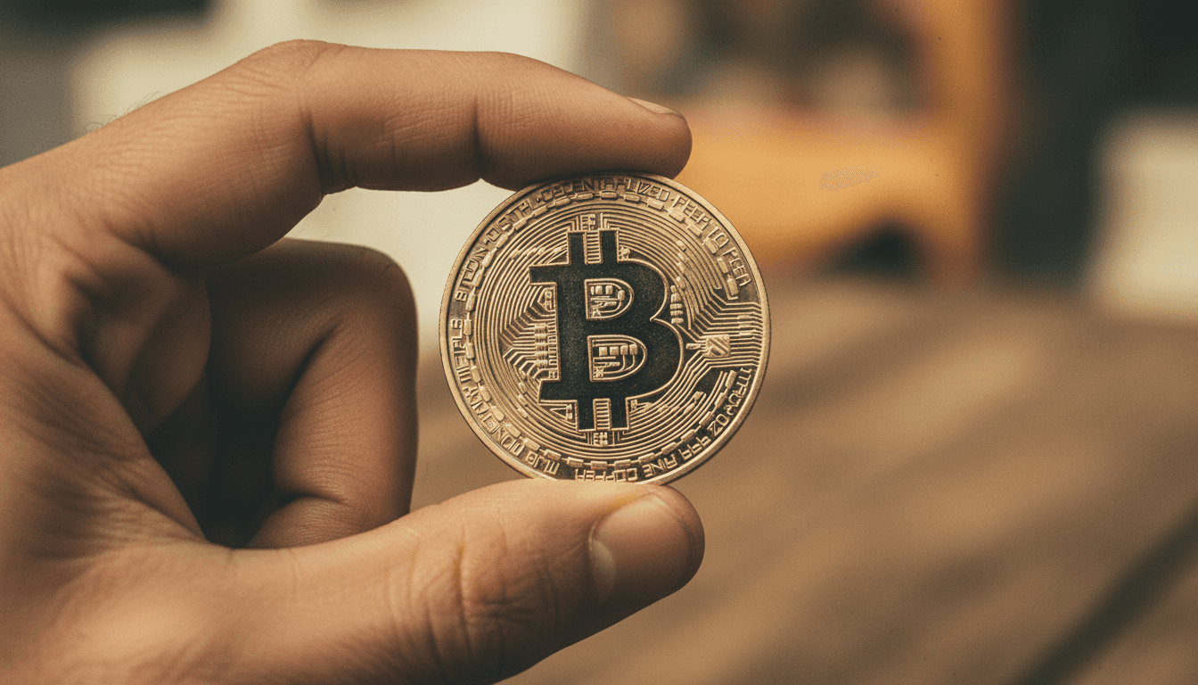 Hand holding a physical Bitcoin coin in natural light
