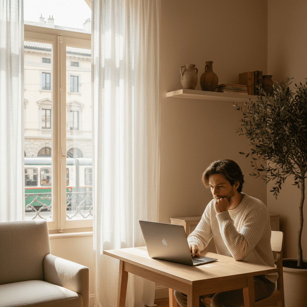 Persona seduta a una scrivania con un laptop in un luminoso ufficio domestico