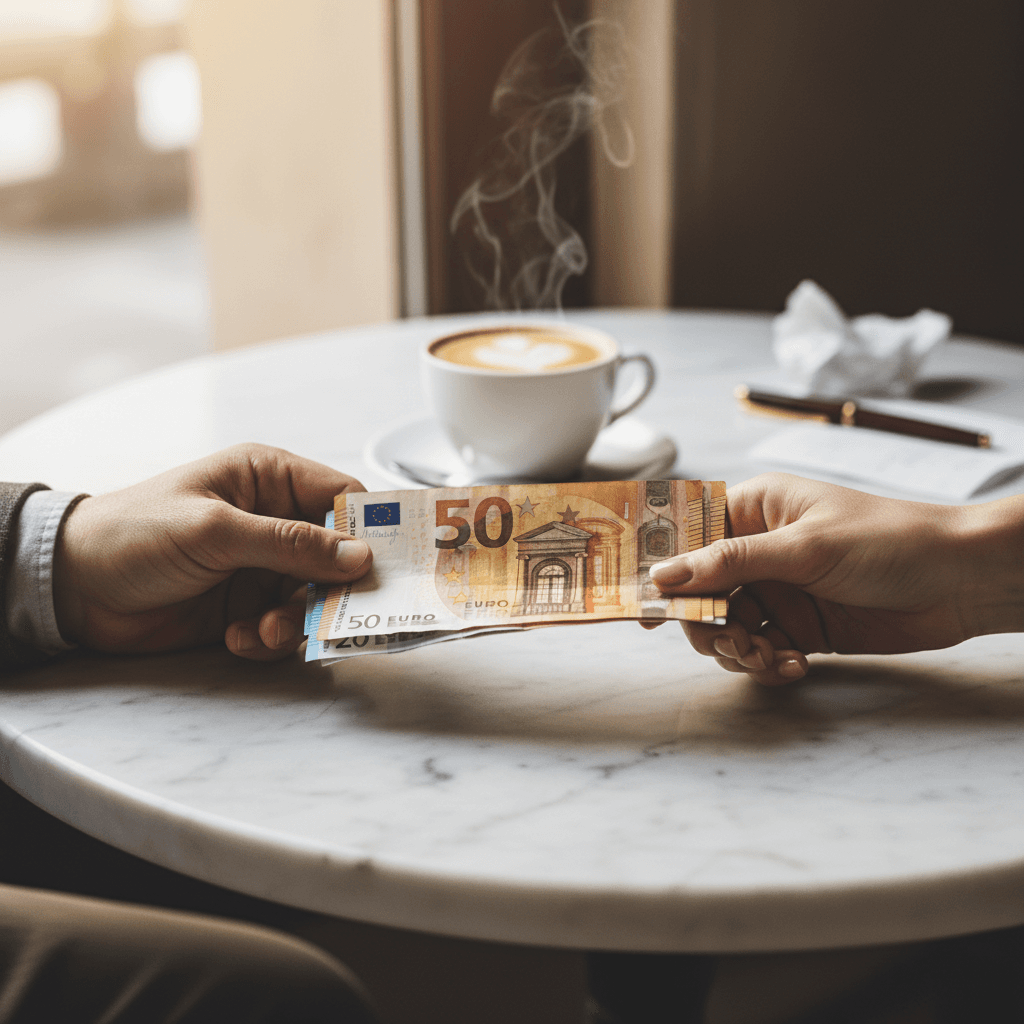 Due mani che si scambiano banconote euro su un tavolo da caffè