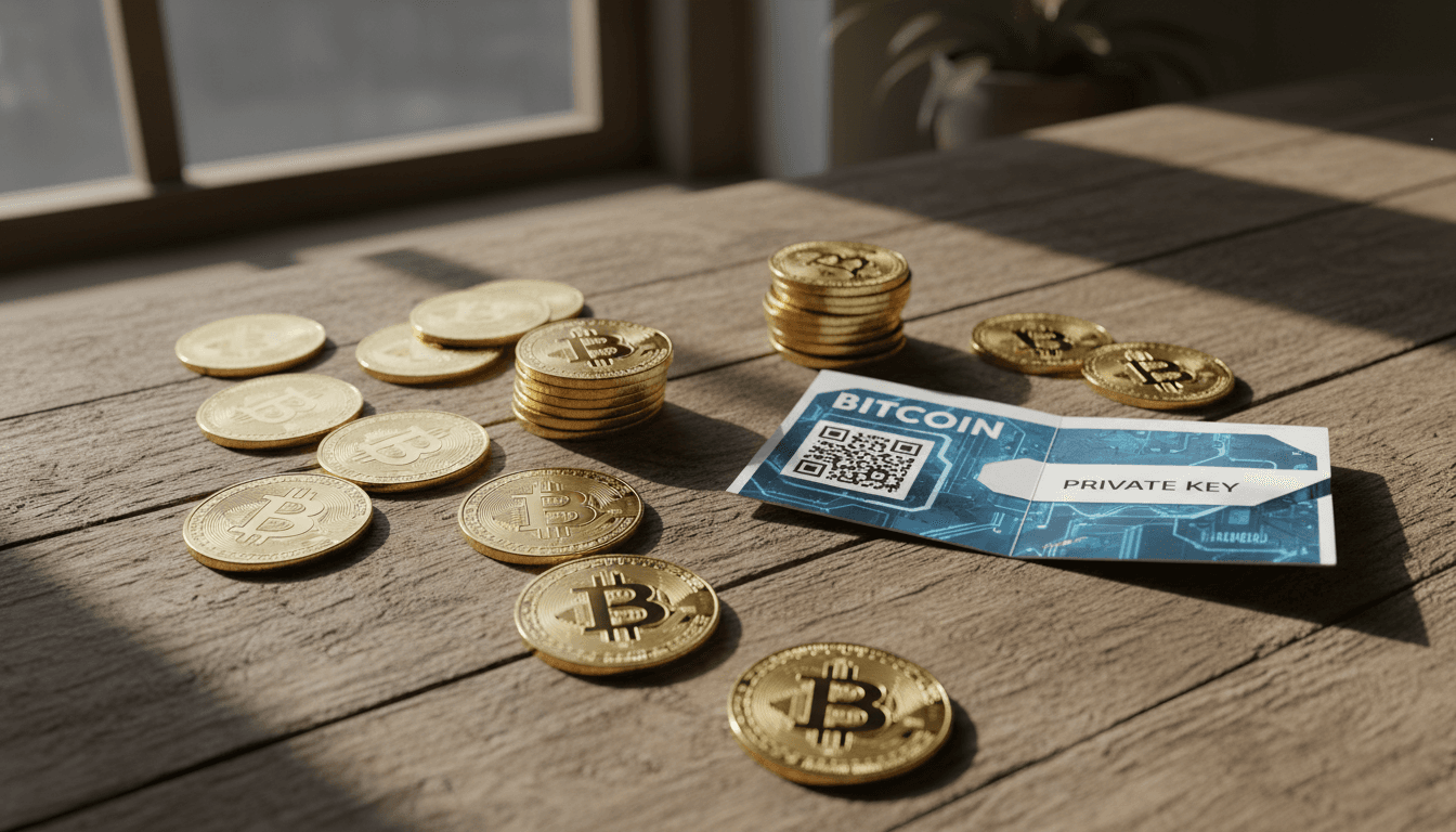 Monete Bitcoin e un wallet di carta su un tavolo di legno con luce naturale