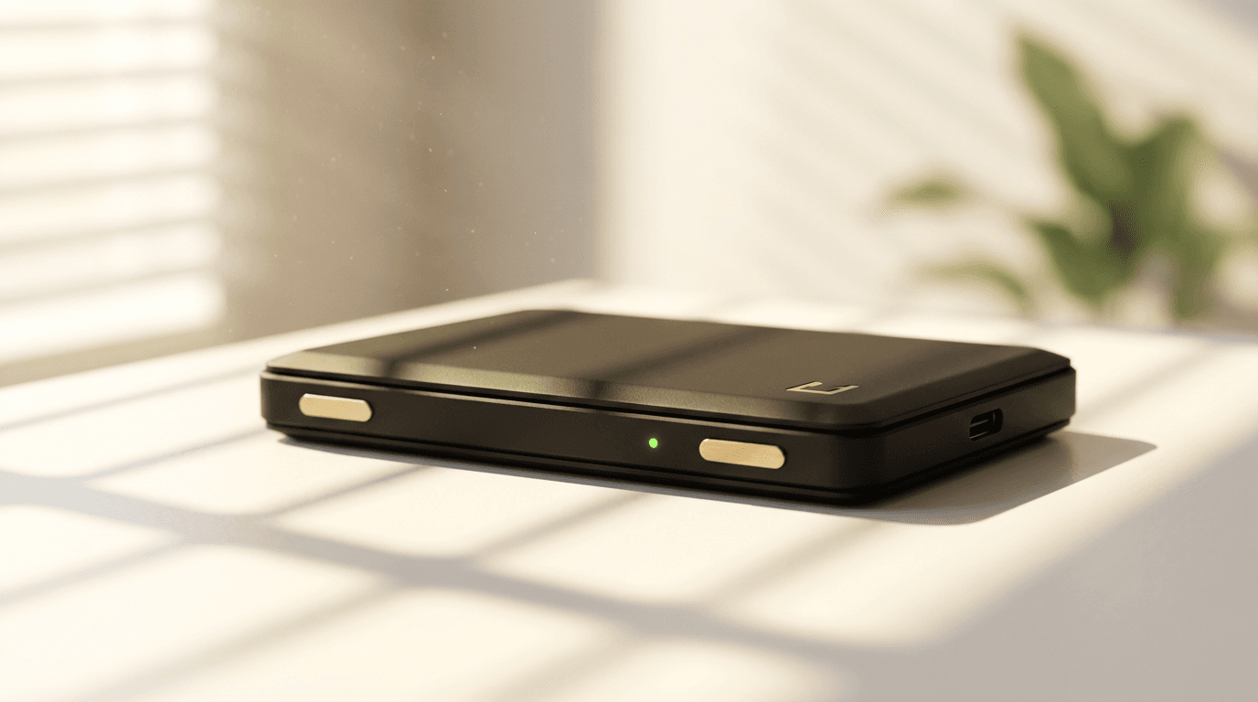 Smartphone su scrivania di legno con interfaccia wallet crypto fuori fuoco, atmosfera scura e riflessi di luce naturale