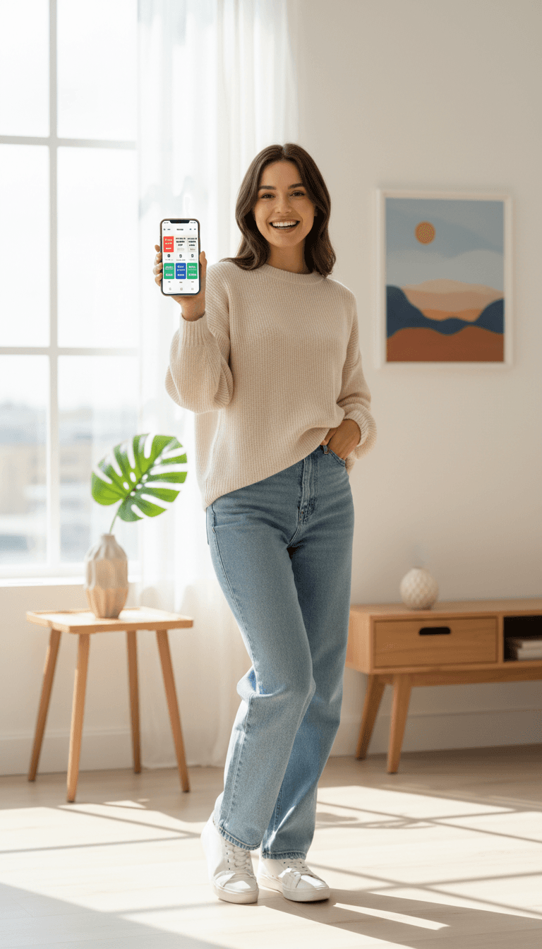 Giovane donna sorridente che tiene il telefono con una notifica di conferma