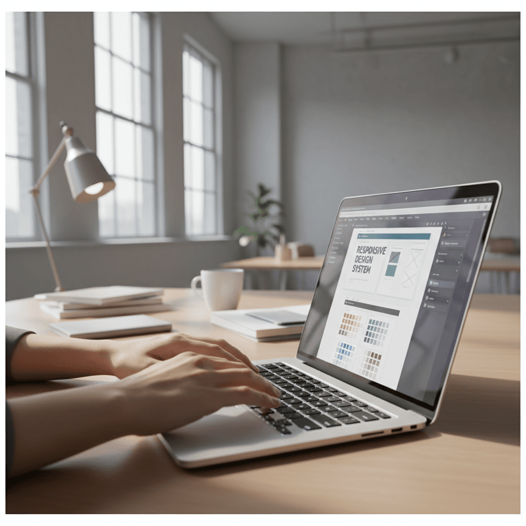 Scrivania minimalista con laptop che mostra un sistema di valutazione utente