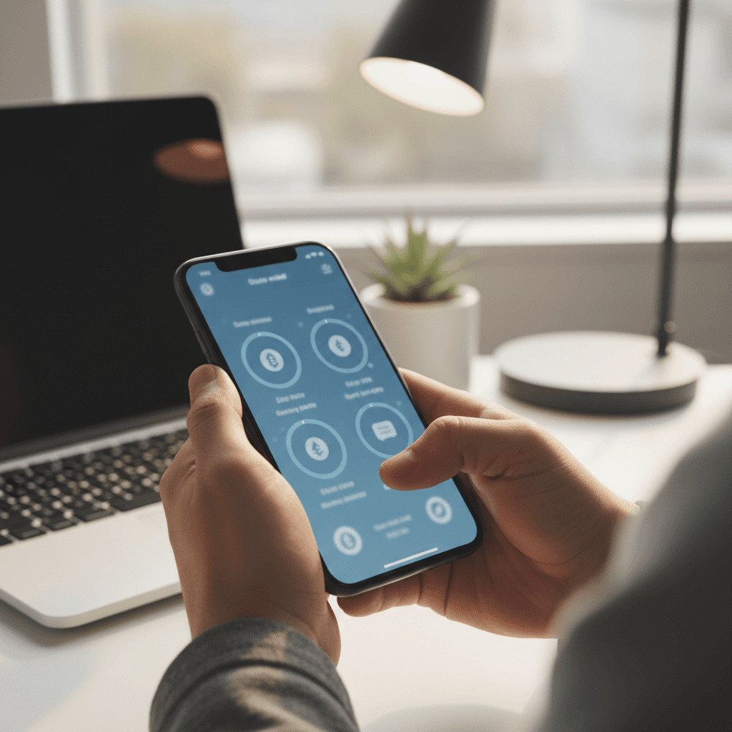 Smartphone with blurred crypto interface held in one hand, a single bitcoin coin out of focus in foreground